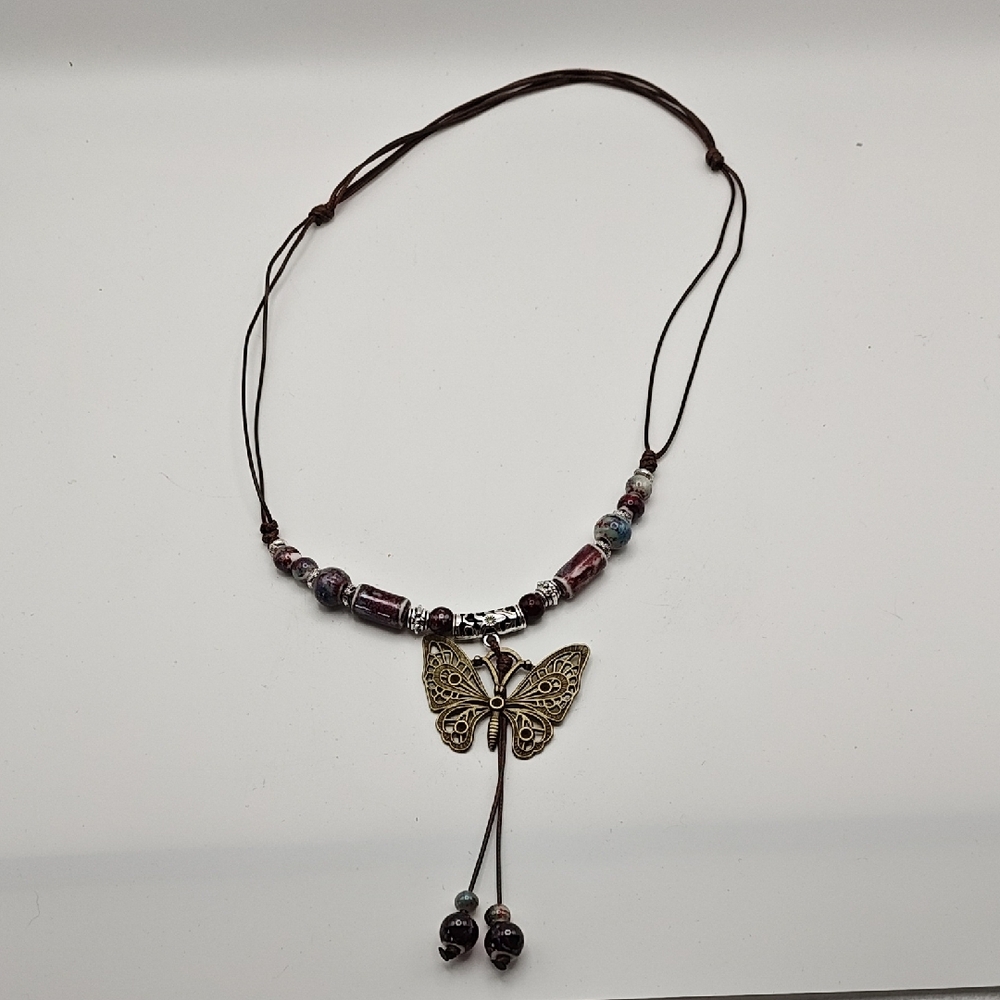 Bohemian Butterfly Pendant Necklace Beads Adjustable‎ Rope Metal Wester